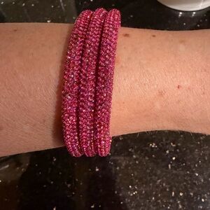 3PCS - Pink/Fuscia  Rhinestone Pave Bangle Layered Bracelets